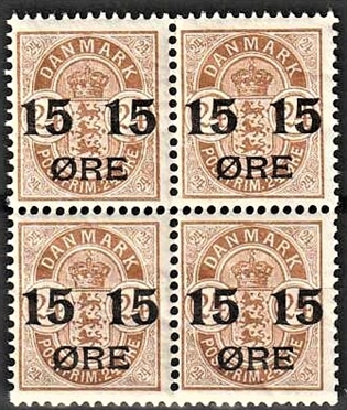 FRIMÆRKER DANMARK | 1904 - AFA 41 - 15/24 øre brun provisorier i 4-blok - Postfrisk